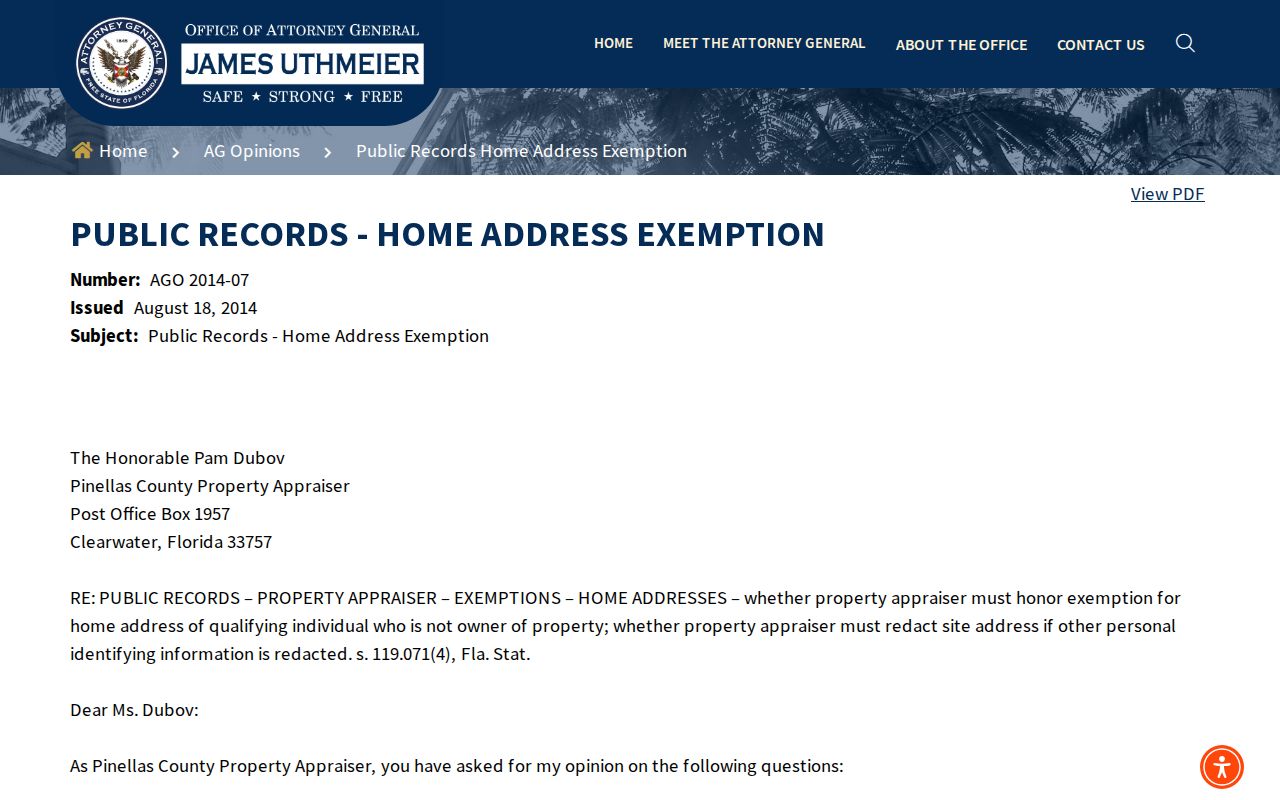 Florida Attorney General guidance on protected home addresses