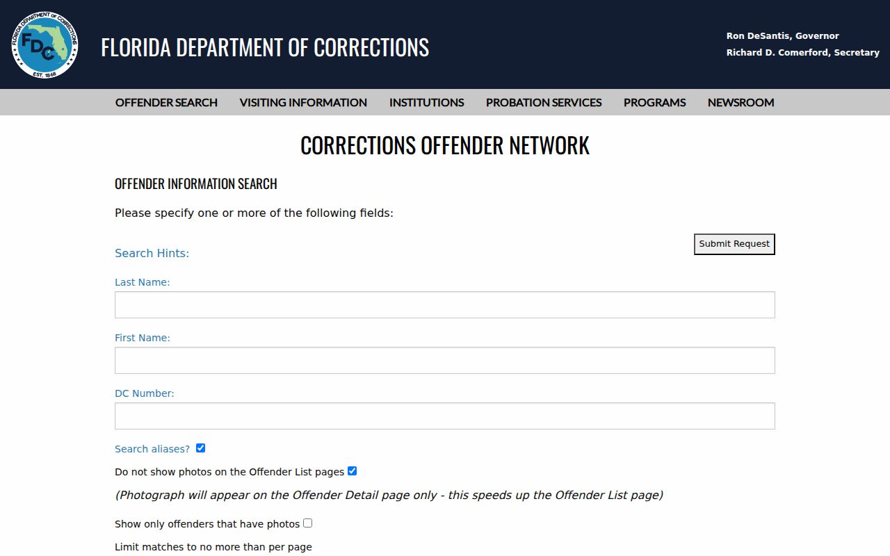 Florida Corrections official offender search form