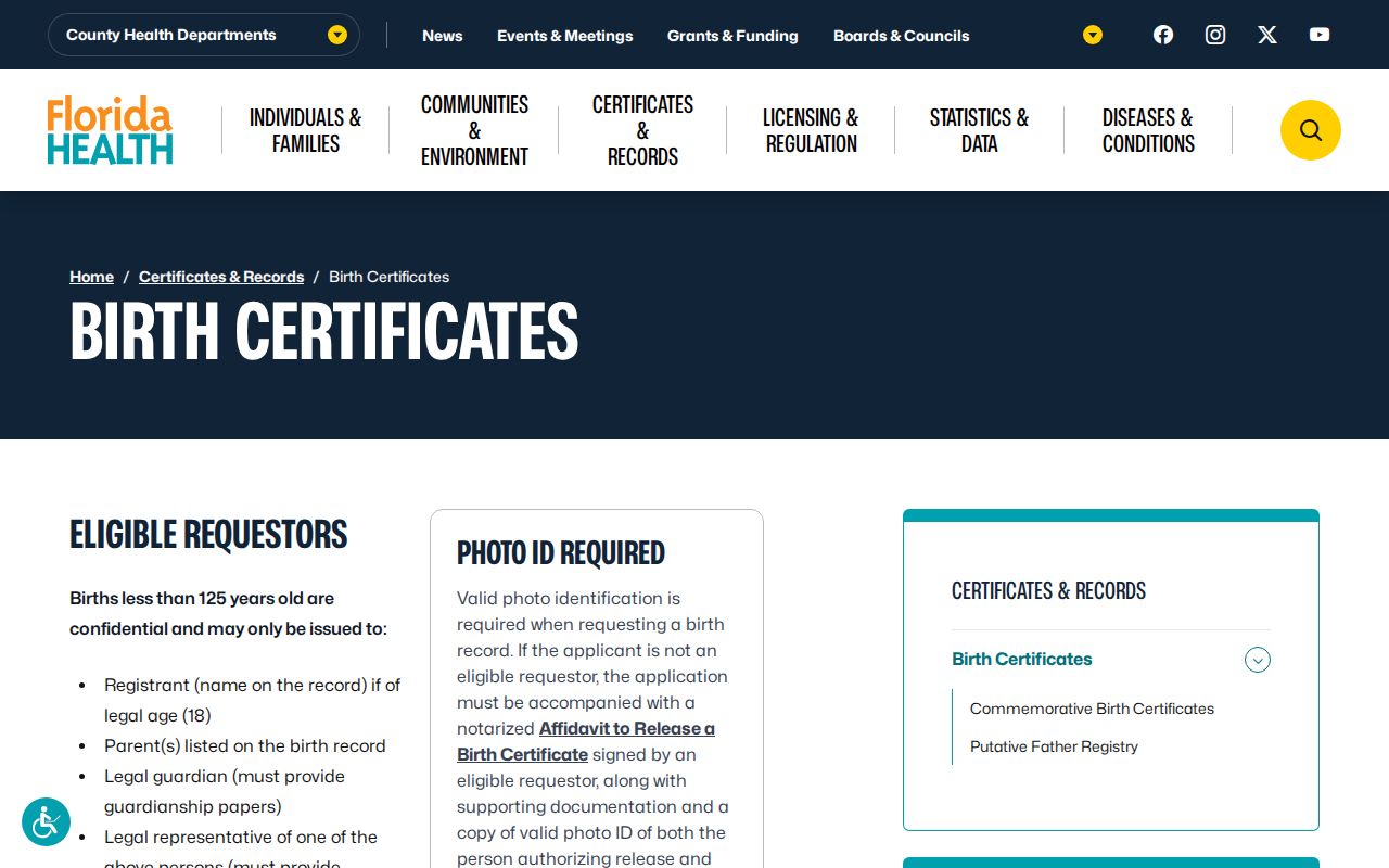 Fort Walton Beach previous residents birth certificate access