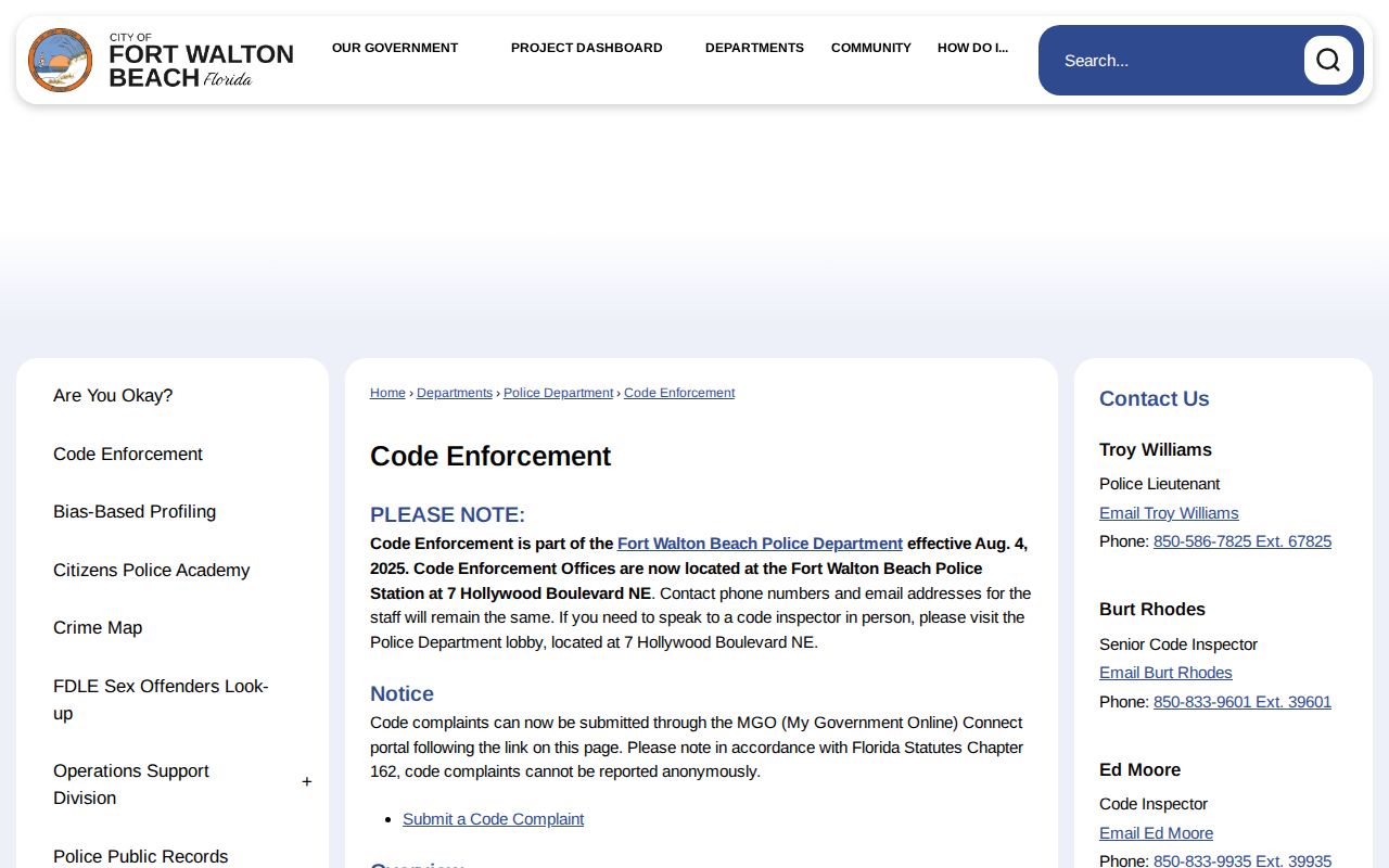 Fort Walton Beach Code Enforcement address reporting information